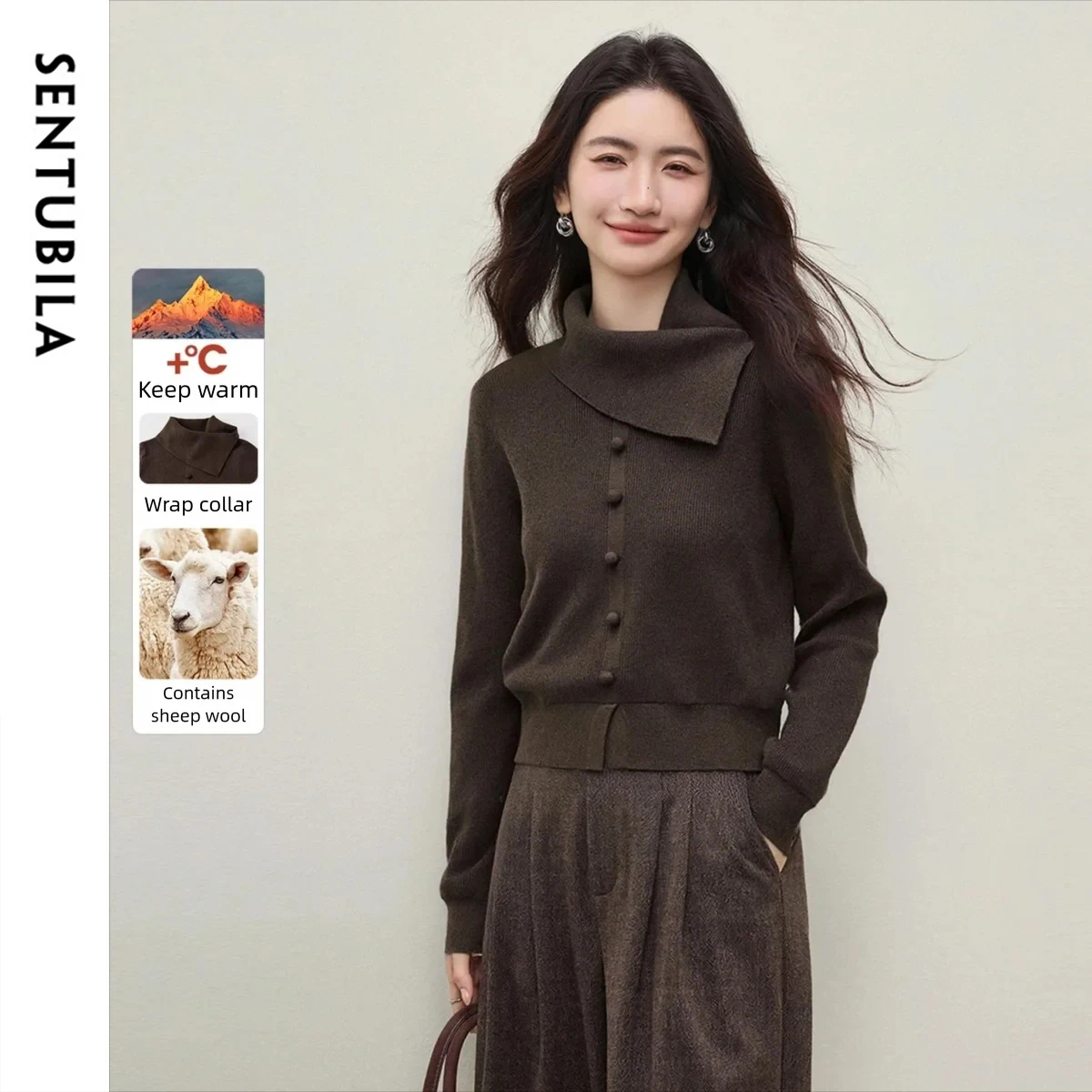 

SENTUBILA Elegant Women's Sweaters 2025 Wool Blend Wrap Collar High Elasticity Pullover for Woman Fashion Winter Tops W54EH5739