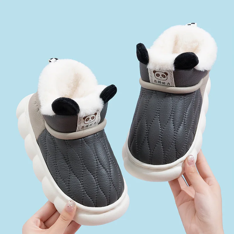 2025New Winter Concise Stripe Plush Slippers Children's Non-slip Soft Sole Kids Boys Girls Heel Wrap Warm High Home Cotton Shoes