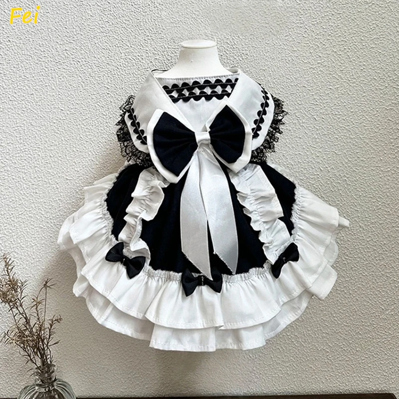 

Black White Lolita Pet Dog Clothes Pure Cotton Handmade Cute Big Bow Princess Dress For Small Medium Dog Yorkshrie Dog Clothing