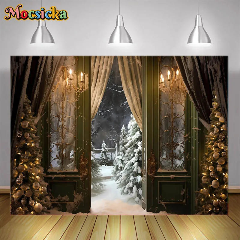 

Winter Christmas Party Decoration Background Snowy Scene Outside House Snowflakes Xmas Tree Candles Cedar Photo Booth Studio