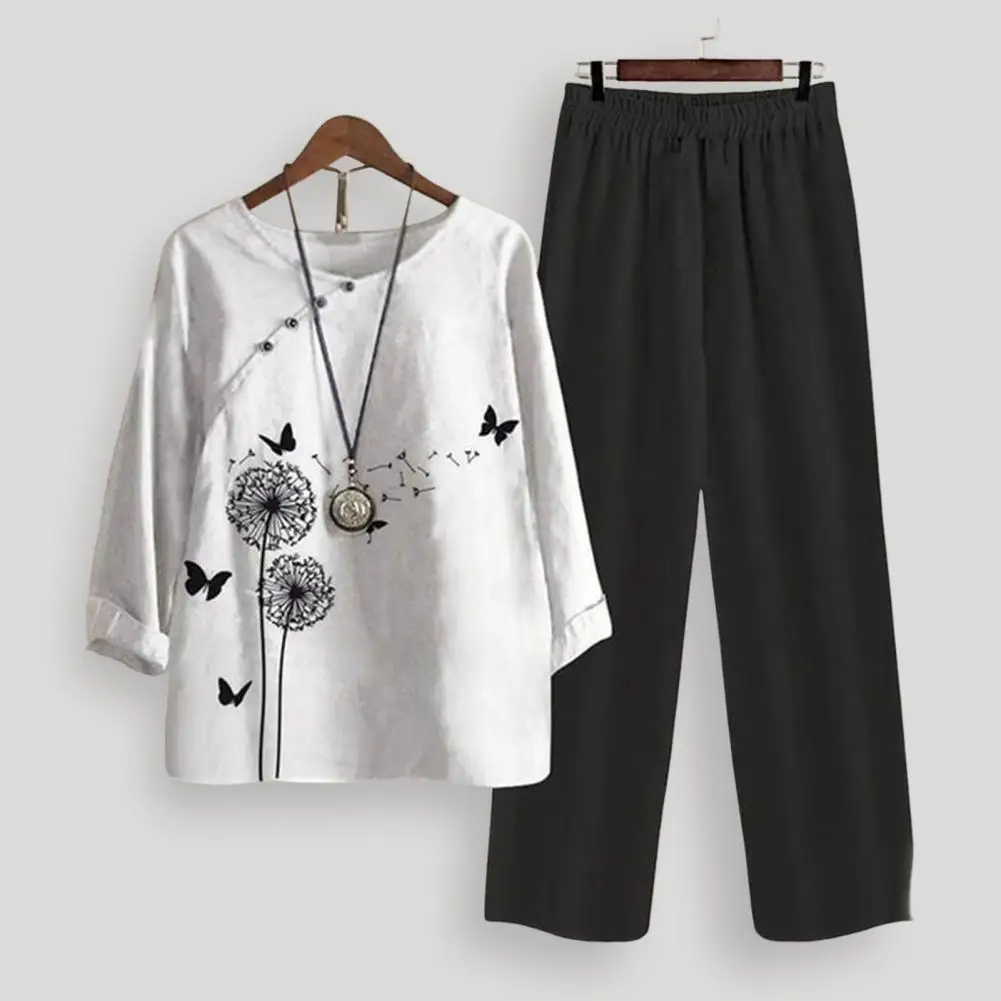 ชุดสูทกางเกงสองชิ้นสำหรับผู้หญิงวัยกลางคนและสูงอายุกางเกงขากว้างเสื้อยืดท็อปแบบตัวสั้นแขนสั้นสำหรับฤดูร้อน