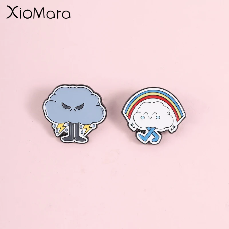 Creative Emotional Cloud Enamel Pin, Fun Rainbow Cloud and Angry Lightning Cloud Badge, Fashion Accessory, Gift for Friends