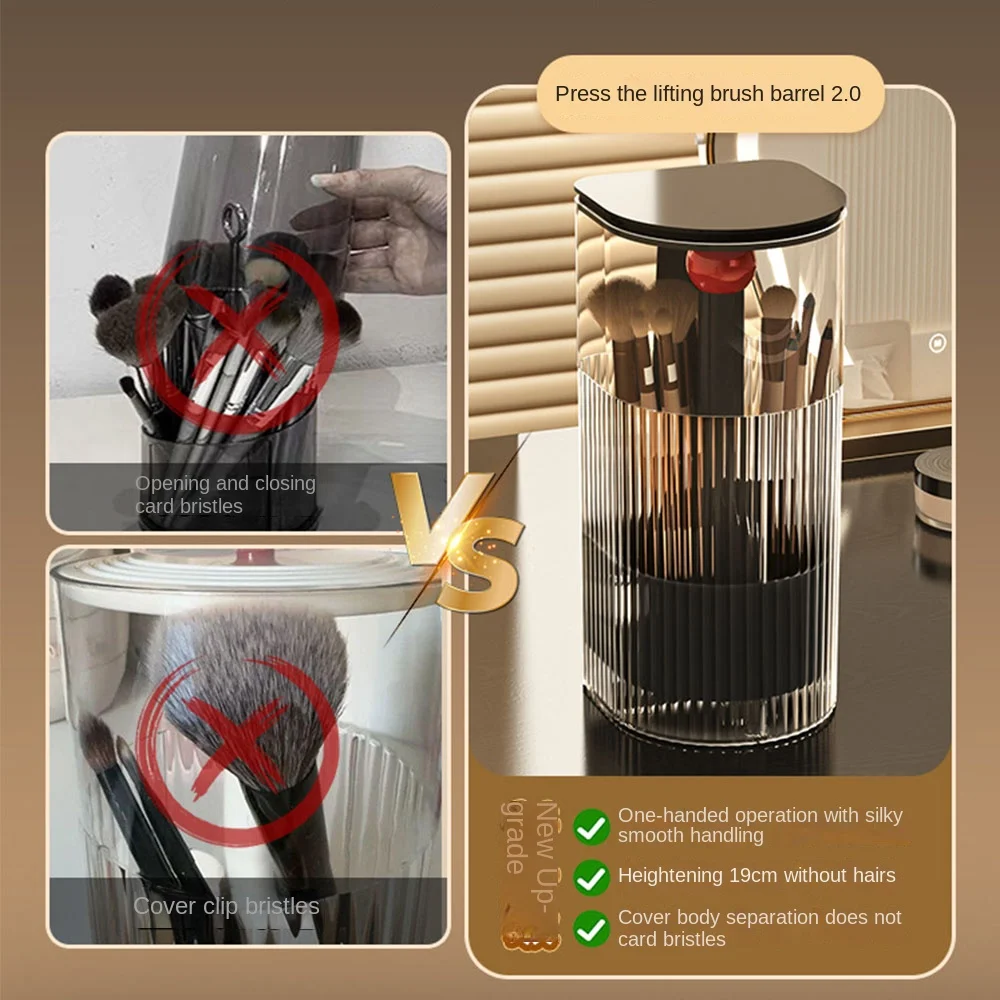 Dustproof Automatic Lifting Makeup Brush Holder with Lid Transparent Makeup Brush Storage Tube Large Capacity Waterproof