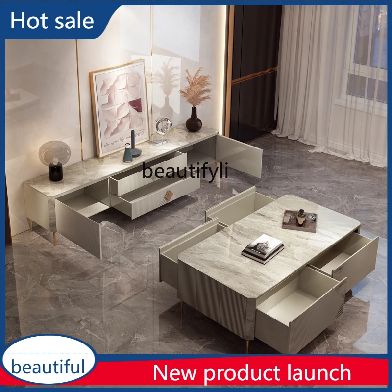 

cqy Italian Minimalist TV Cabinet and Coffee Table Set for Villa Living Room Modern Light Luxury Rock Board Storage Floor Cabine