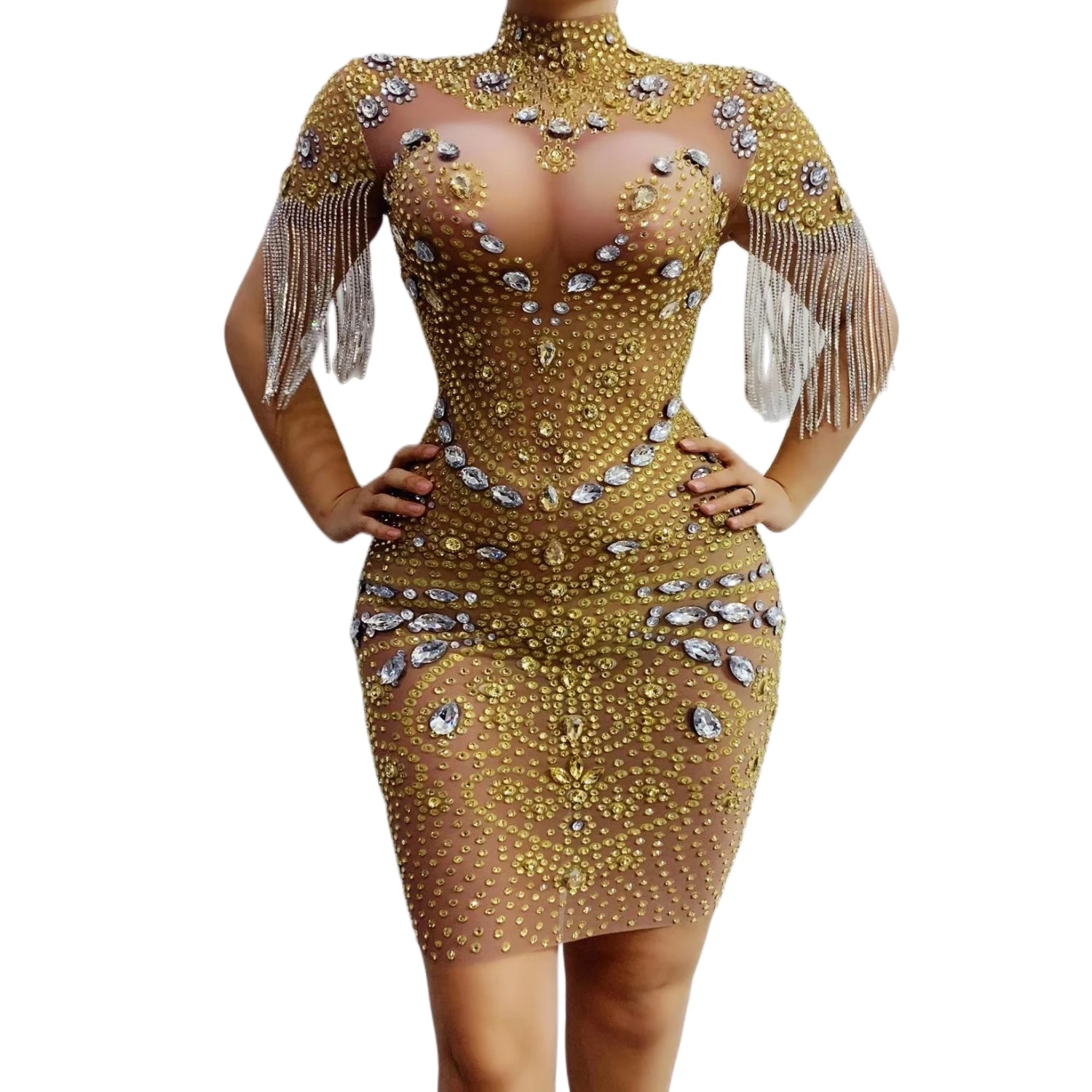 

Women Sparkly Crystals Tassel Mesh Dress Sexy Stage Dancer Outfit Nightclub Birthday Party Wear Blingbling Gold Mini Dress Qixi
