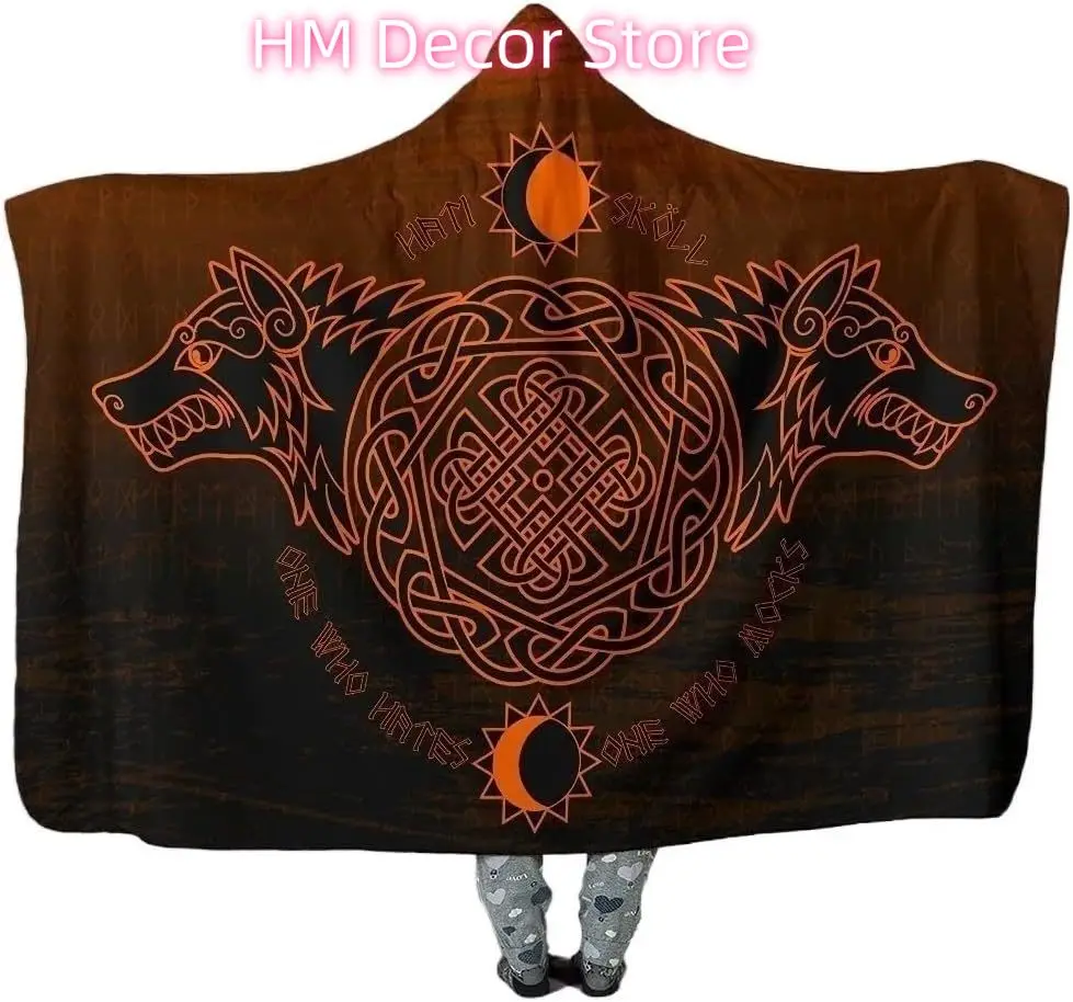 Norse Viking Hooded Blanket Cloak Novelty Nordic Myth Fenrir Wolf Tattoo Hooded Cape Soft Cozy Wearable Blanket with Hood(Wolf B