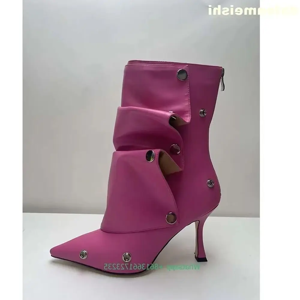 

2026 Winter Pointed Toe Thin Heels Short Boots Metal Rivet Buckle Pleated Women Boots Solid Color Back Zipper Leather Boots