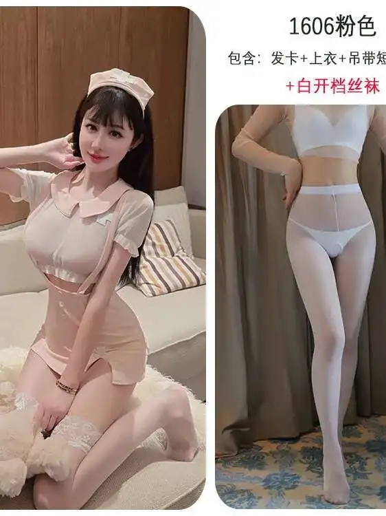 Long Night Long Sexy Nurse Uniform cosplay Short sleeves Sweet Set Hollow out Passionate transparent charming dress elegant W31H