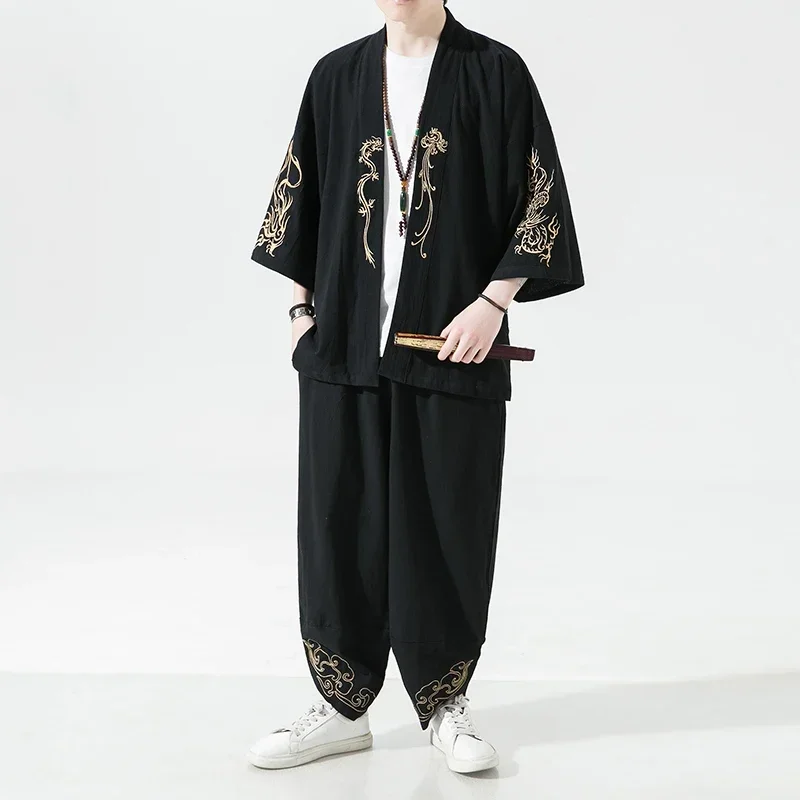 Men\'s Japanese Kimono Set Fashion Harajuku Streetwear Silk Dragon Embroidery Casual Outer Hood Uniform Linen Clothing