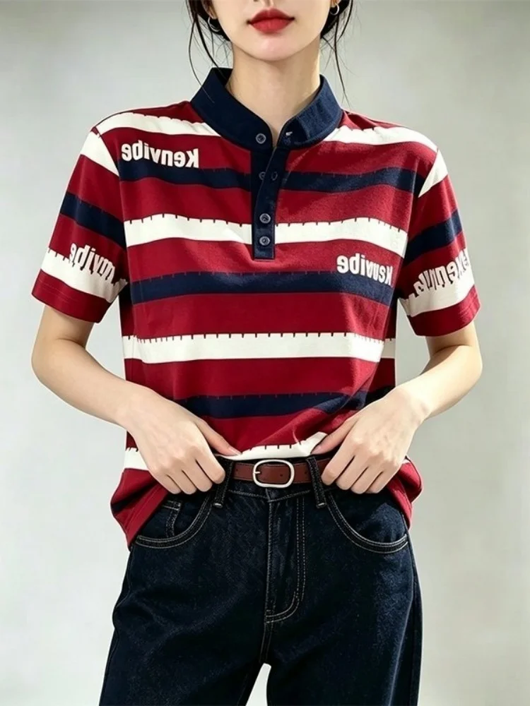 Color Block Letter Print Stand Collar Short Sleeve T-Shirt Women's Casual Slim Fit Summer Top Korean Style Straight Body