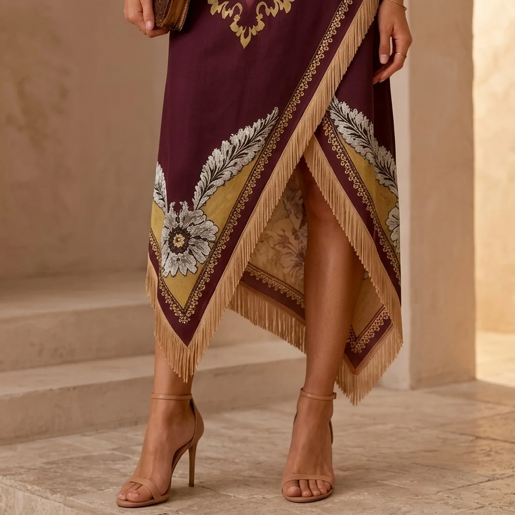 Picture 7: Vintage Bohemian Scarf Print Midi Dress Women Elegant Floral Sleeveless Wrap Dress Summer Asymmetrical Handkerchief Hem Fringe