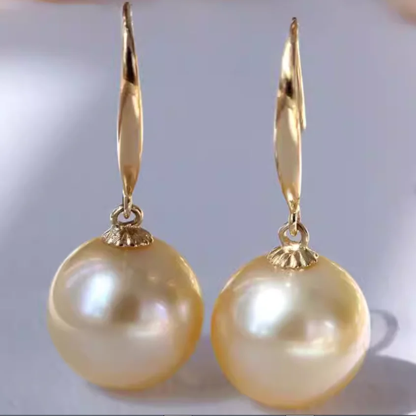 Pair Of 11-12mm South Sea Genuine Natural Gold Pearl Earring