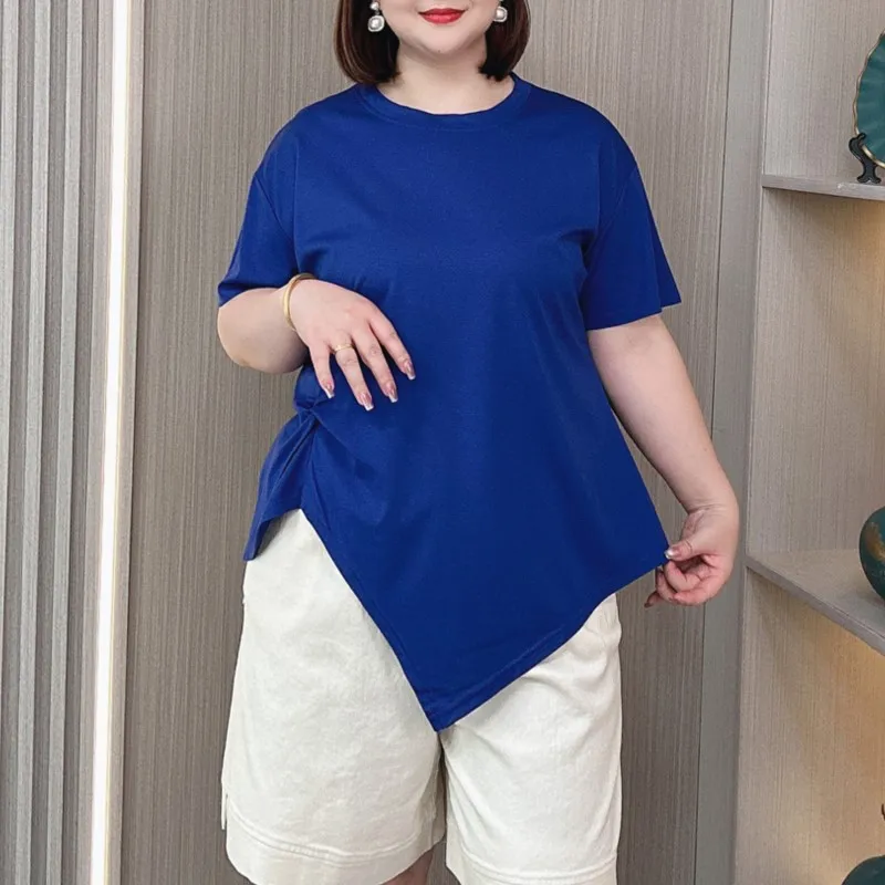 Plus Size Women Tees Summer Thin Comfortable skin-friendly Short Sleeve T-shirt Loose Asymmetric Fold Tops