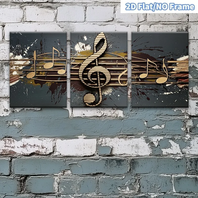 （NoFrame 3pcs）-2D Flat, 2D Flat, 2D Plane Frameless 3pcs Treble Clef Canvas Art - Golden Notes with Saxophone Style Design, I