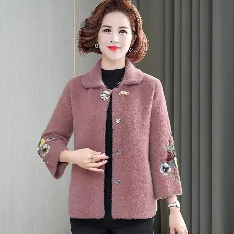 Mother Winter Jacket Short Thicken Imitation Mink Cashmere Coat Middle Aged Women Knitted Cardigan Jacket Female Woolen Overcoat