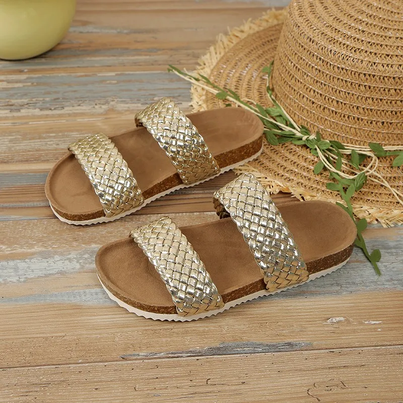 Sandalias trenzadas con punta abierta para niina, zapatos planos a la moda para vacaciones de verano, Color sólido, cómodos,