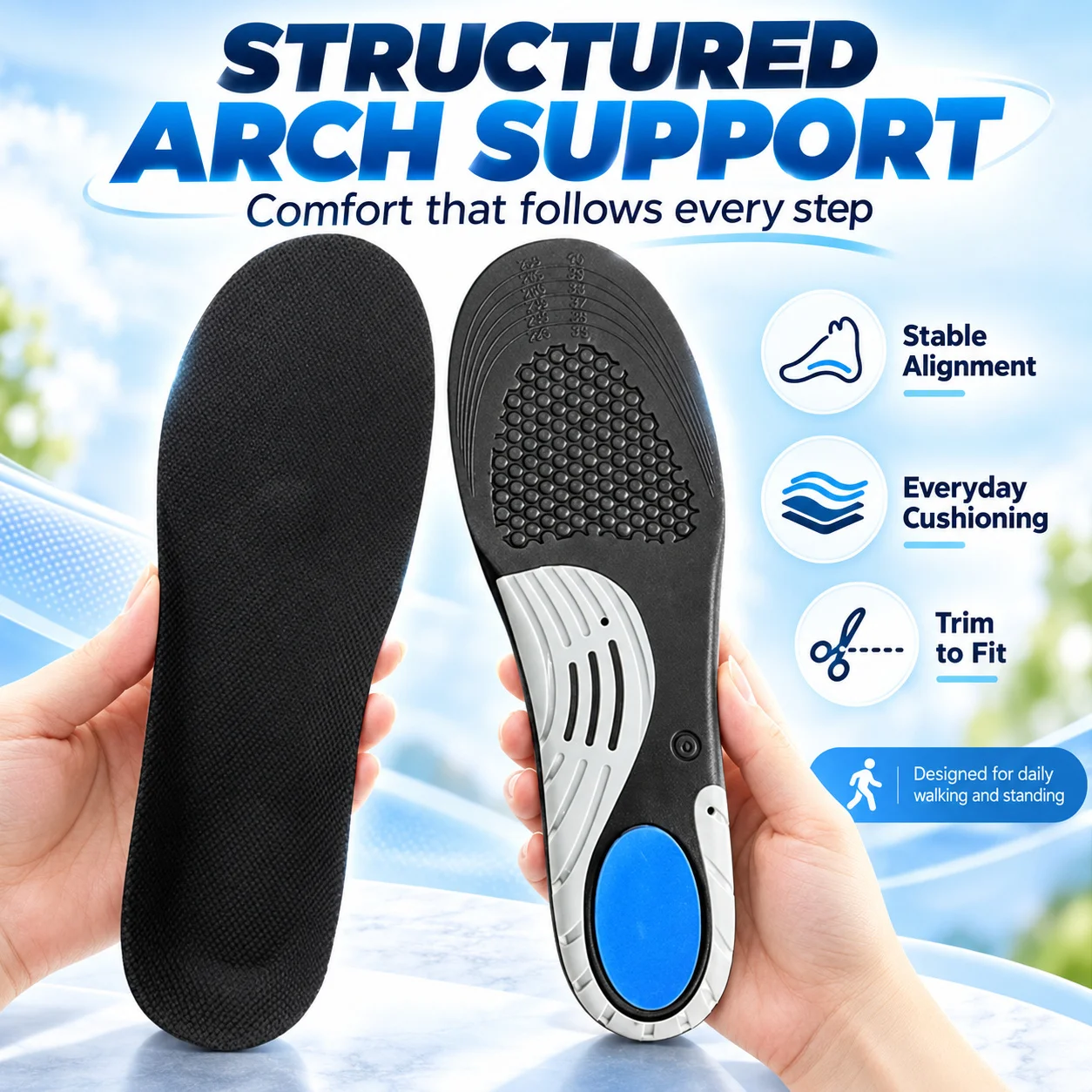 Flat Foot Orthopedic Insoles Arch Support Shoe Inserts Plantar Fasciitis Cushion Shock Absorbing Foot Pain Relief Sports Walking