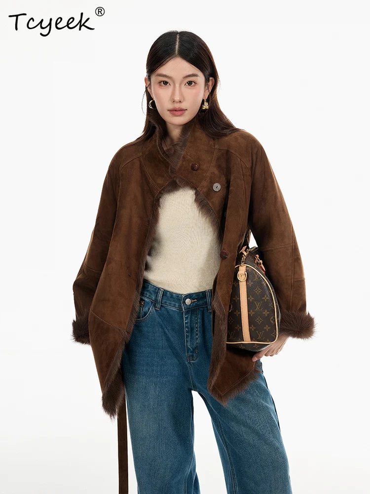 Tcyeek 本物のウール 秋冬 ハイエンド トレンド スタンドカラー 無地 ミディアム丈 レディース ウール シアリング ファーコート