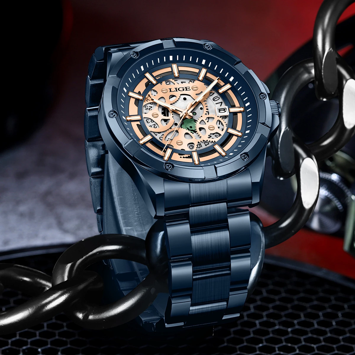 

LIGE New Mens Quartz Watches Top Brand Luxury Stainless Steel Waterproof Hollow Out Blue Big Male Wristwatches Relogio Masculino