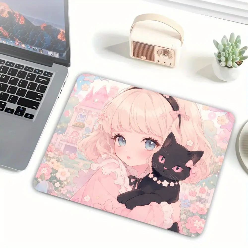 Aesthetic Cute Girl Black Cat Print Small Gaming Mouse Pad, Non Slip Rubber  Mini Computer Desk Mat for Laptop Office