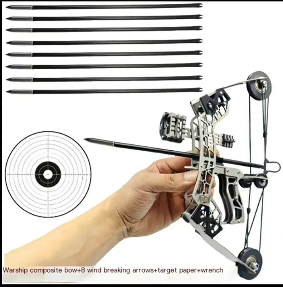 304 Stainless Steel Mini Compound Bow Toy, Indoor and Outdoor Shooting, Archery Hunting Pulley, Decompression Bow, 8 Arrows