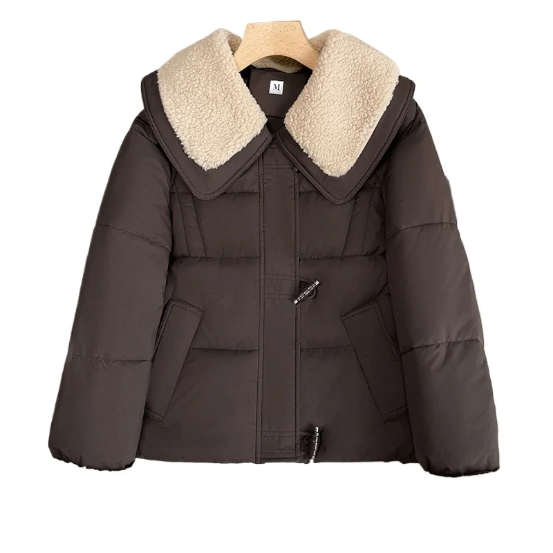 

2025New Women Winter Jacket Doll Collar Color Contrasting Fashion Splicing Bull Horn Button Short Cotton Jacket Long Sleeve Coat