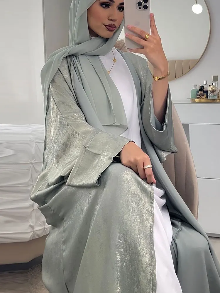 Shimmer Open Abaya Soft Satin One Size Women Islamic Clothing Kimono Cardigan Muslim Dubai Turkey Modest Abaya Long Dress Outfit