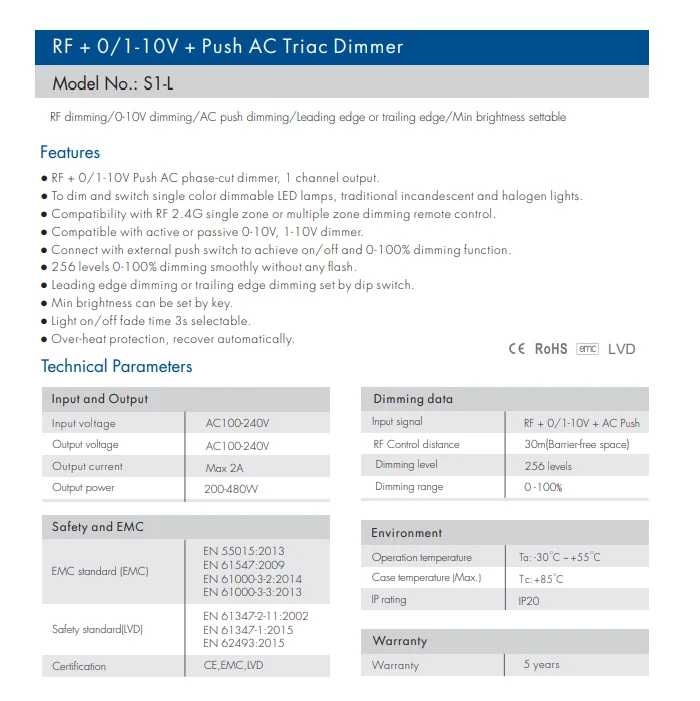 S1-L RF + 0/1-10V + Push AC Triac Dimmer AC Phase-Cut Dimmer 1CH*2A for Single Color Dimmable LED Lamps Traditional Incandescent