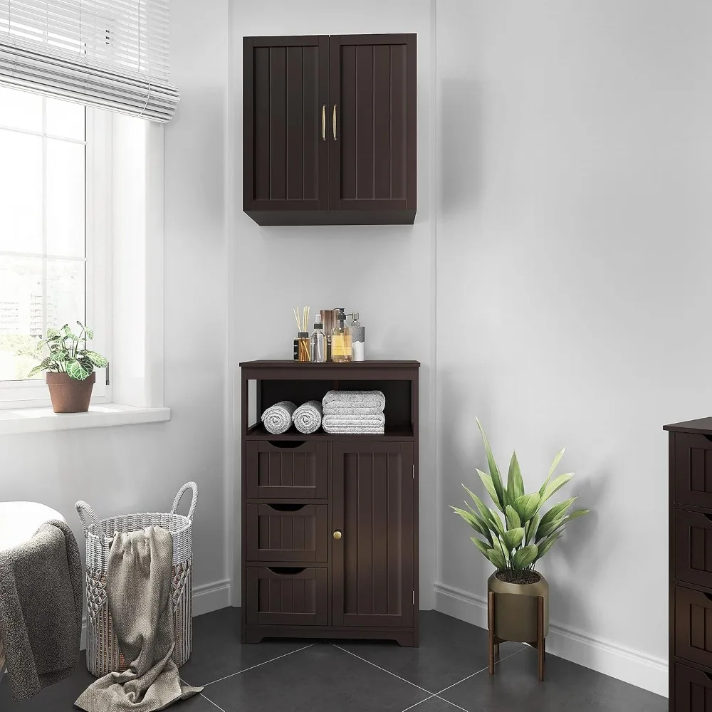 

Wood Bathroom Floor Cabinet with 3 Drawers &1 Cupboard, Free Standing Storage Organizer Hallway Entryway Cabinet for Living Room