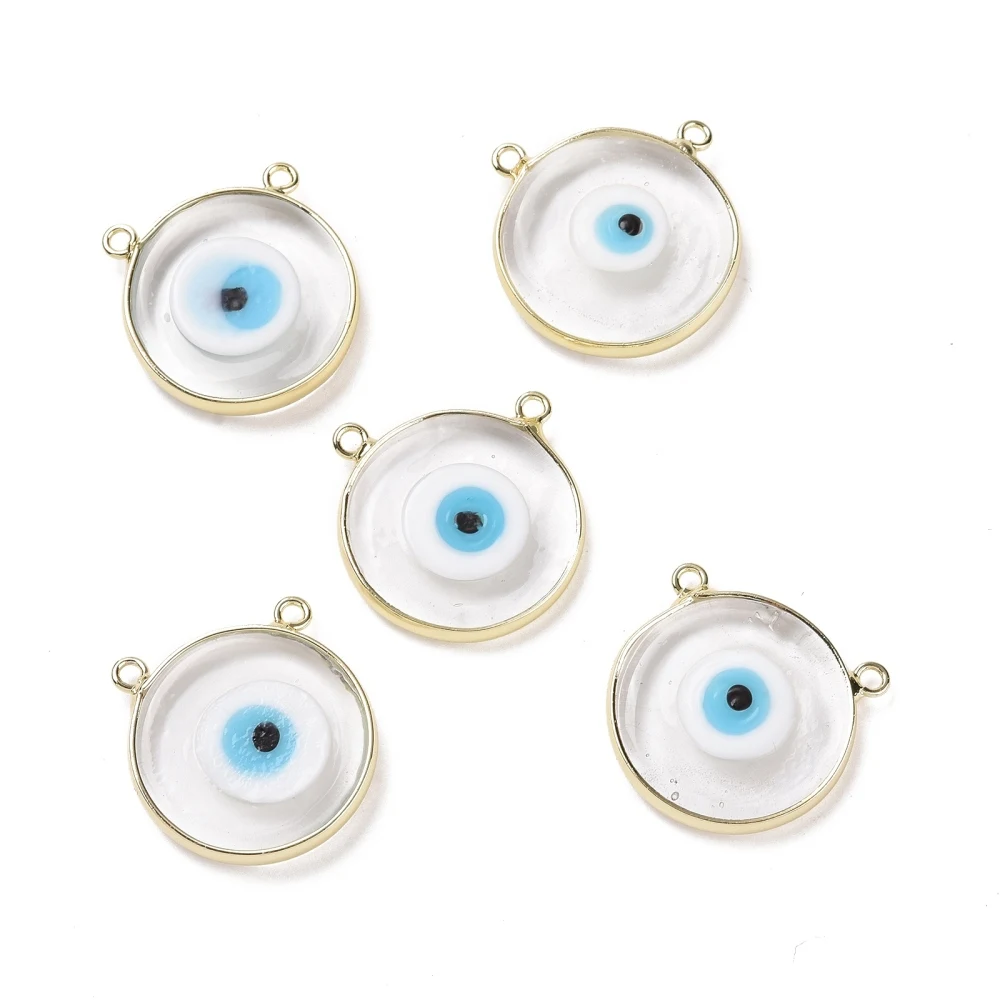 20Pcs Flat Round Eye Lampwork Pendants with 2 Loops Frame Lampwork Glass Evil Eye Lucky Charms for Earrings Necklace Jewelry DIY