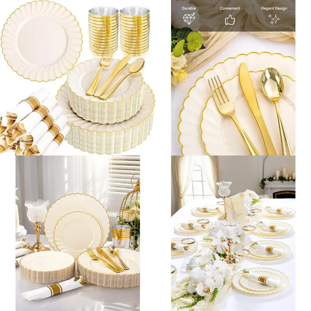 

Набор одноразовой столовой посуды цвета слоновой кости и золота: 350 предметов, включая 100 зубчатых тарелок и серебряное серебро 150 золота для элегантных мероприятий