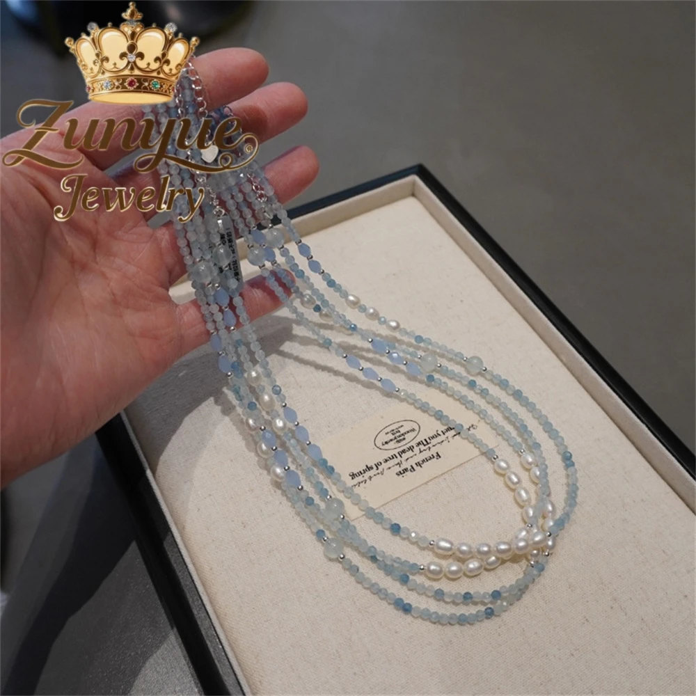 

Aquamarine Necklace Luxury Niche Beaded Accessory Women's Collarbone Chain Simple Elegant Freshwater Pearl Necklace Accessory
