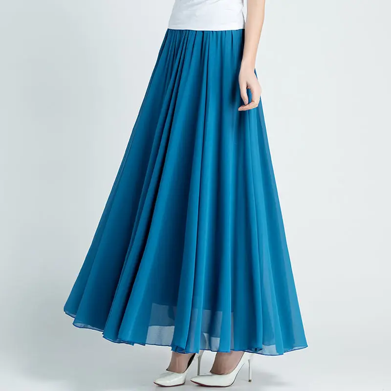 2022 Summer Women Chiffon Long Skirt A-Line Skirts Women Elastic High Waist Maxi Skirts Elegant Solid Skirts Femme Streetwear