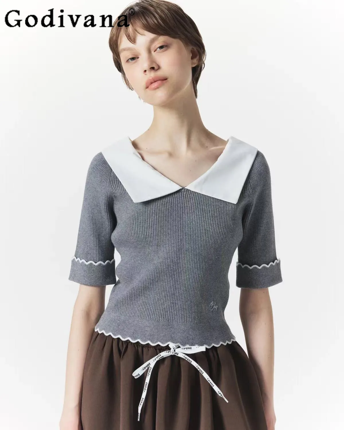 

Japanese Sweet Grey Knit T-Shirt for Women Spring Summer New Clothes Ladies Slim Letter Embroidered Lapel Fashion Knitted Top