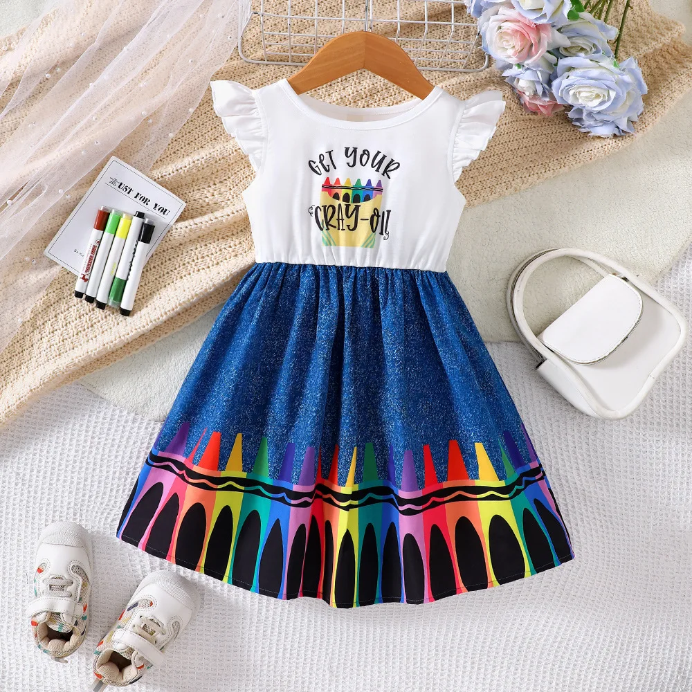 2025 New Arrival Girls Sleeveless O Neck Ruffles Print Patchwork Blue Cute Holiday Night Party Princess Dress Custume 2-7T