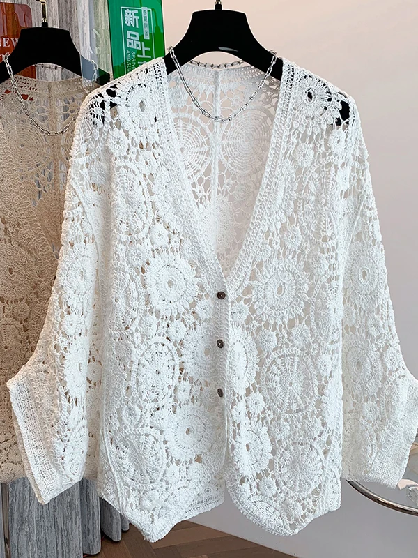 

plus Size Women's V-Ne Hook Lace Hollow out Seven-Quarter Sve Sun Protection irt Summer Slimming Versatile Ele Top