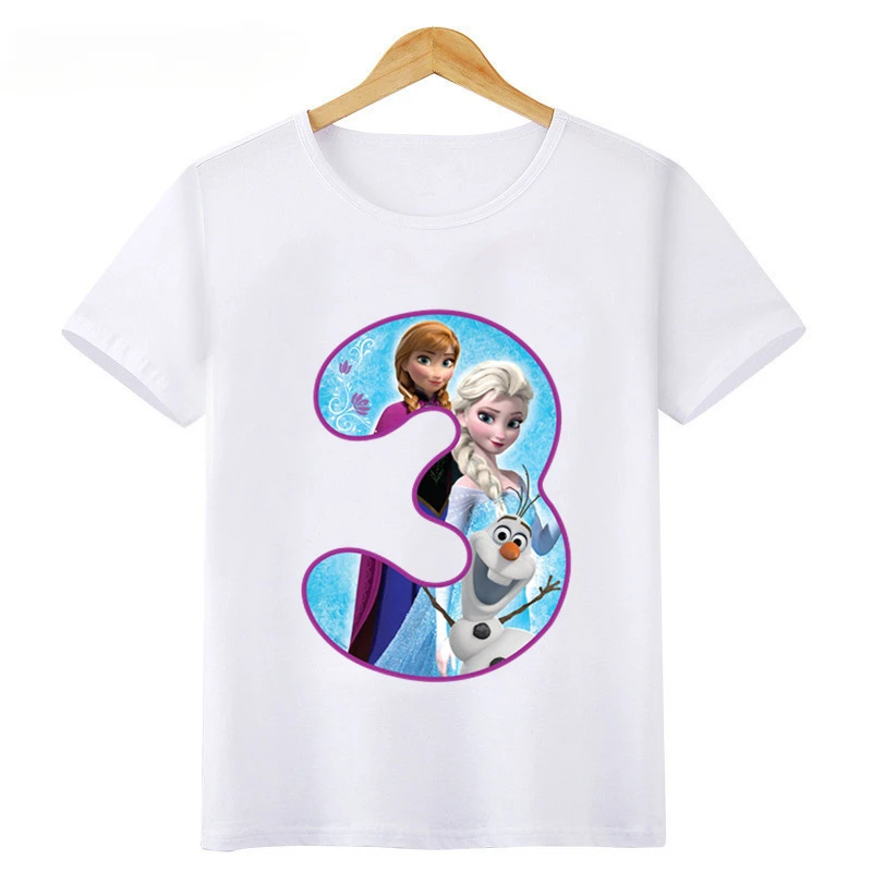 Disney Princess Frozen Elsa Anna Number Bow Print T shirt Kids Clothes 1 2 3 4 5 6 7 8 9 Years Birthday Girls T-Shirts Baby Tops