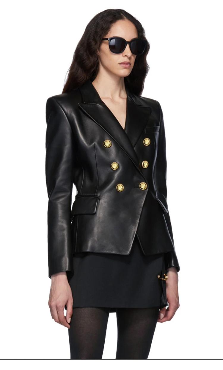 Lautaro Spring Autumn Short Elegant Luxury Pu Leather Blazer Women Long Sleeve Golden Buttons Double Breasted European Fashion