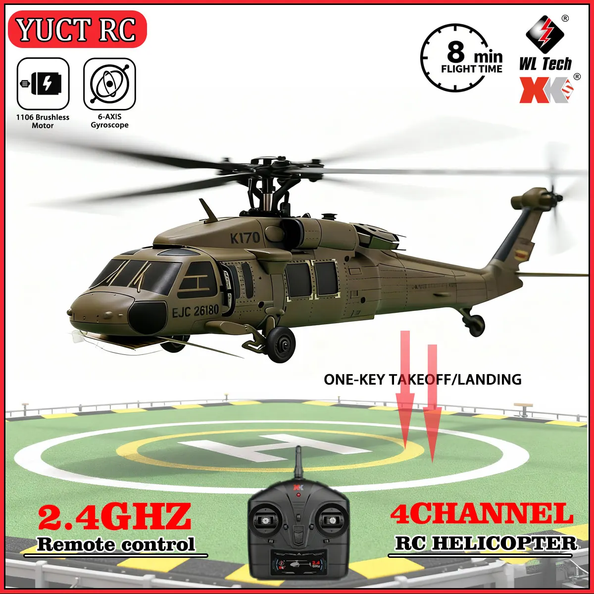 WLtoys XK K170 Black Hawk 2.4GHz 4CH RC Helicopter 6Axis Gyro Optical Flow One Key RTF 4-Blade Brushless Flybarless Toy for Kids