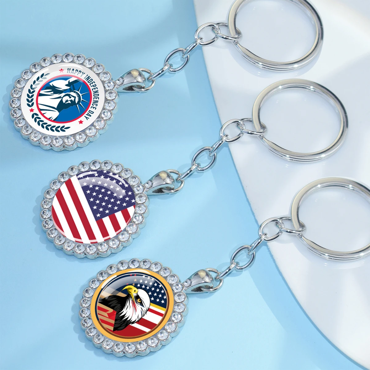 USA Independence Day Keychain United States Eagle Flag Statue of Liberty Rhinestone Pendant Key Chain Ring Souvenir Jewelry Gift