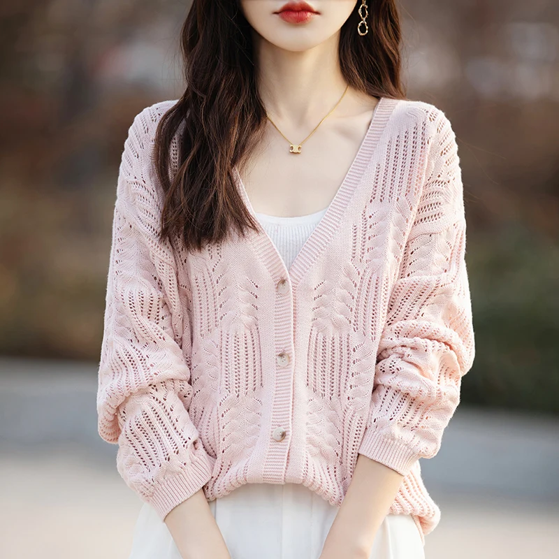 Spring Autumn New Women's Sweater 100% Cotton Knitted Cardigan Fashion Slippery Open Large Coat Long sleeved Solid Color Tops