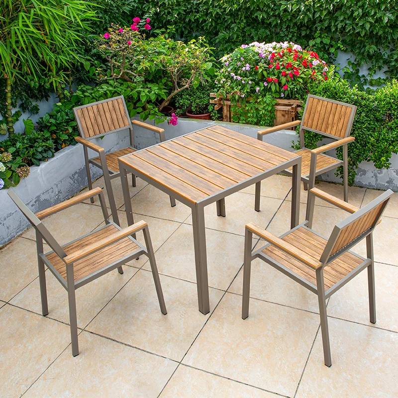 

Hot Sale 80cm Plastic Wood Outside Dining Table Aluminum Frame Garden Table Lawn Furniture Outdoor Tables For Restaurant