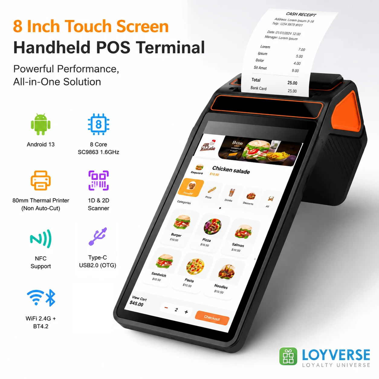 8 Inch Android 13 POS Terminal with 80mm Thermal Printer | 4G WiFi NFC 2D Scanner Handheld POS System Loyverse Cash Register