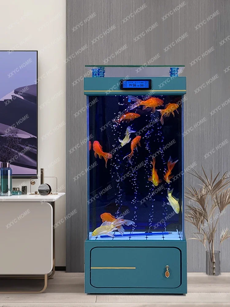 ultra-white floor-to-ceiling fish tank living room back filter against the wall water-free boxes vertical goldfish tank