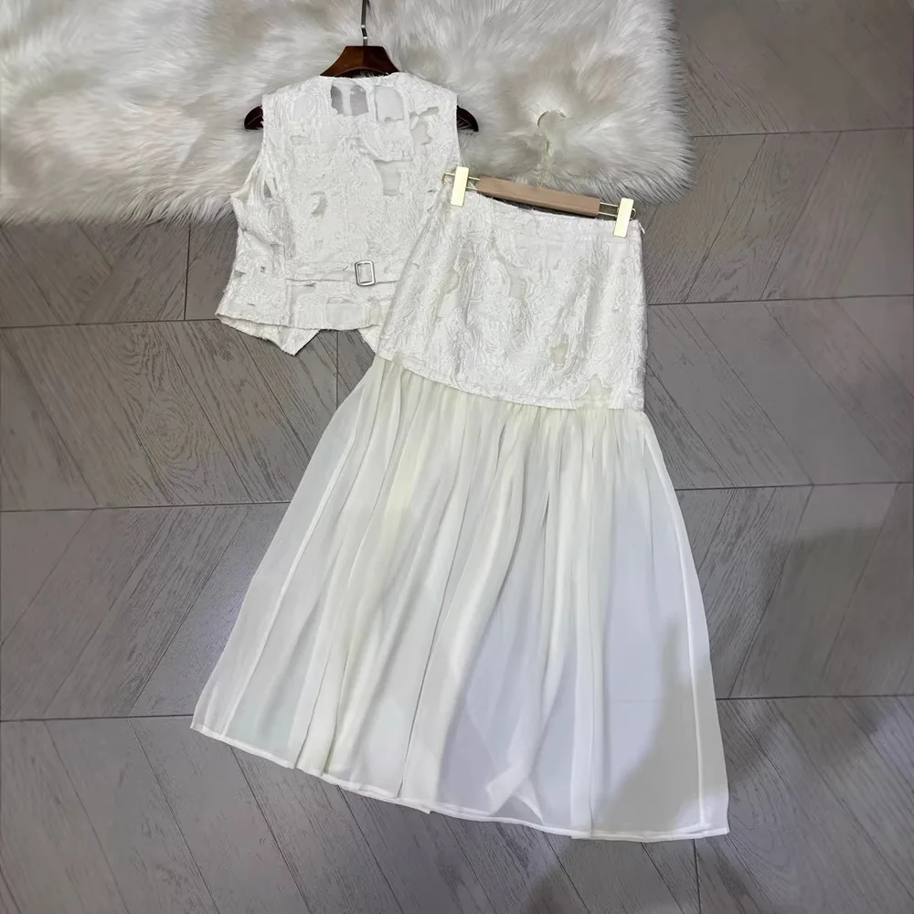 Spring Summer Women Cutout Lace Patchwork Blouse With Skirt Set