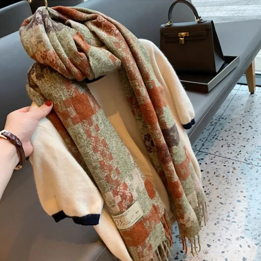 

Soft Comfort Match Colors Cashmere Blends Scarf Women Autumn Winter Vintage Plaids Shawl Neckerchief