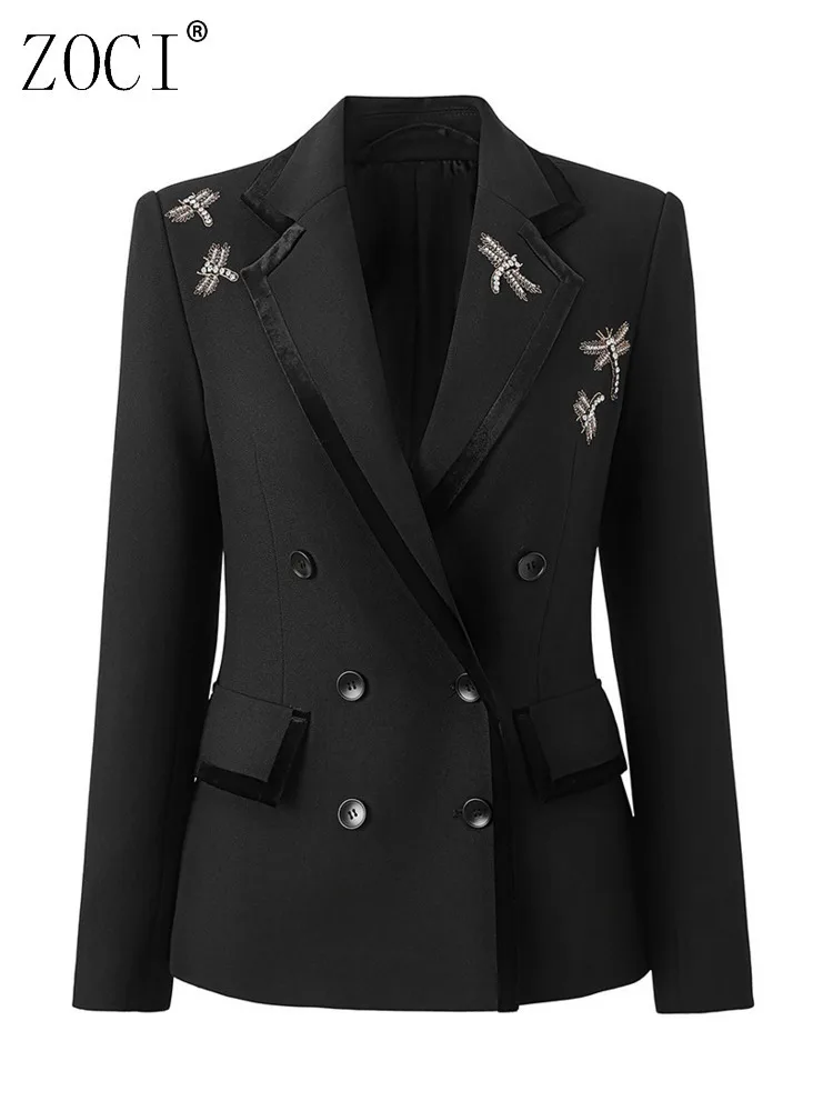 

ZOCI Fashion Women's Blazer Velvet Edge Double Breasted Heavy Duty Nail Drill Dragonfly Embroidery 2025 Spring New Collection