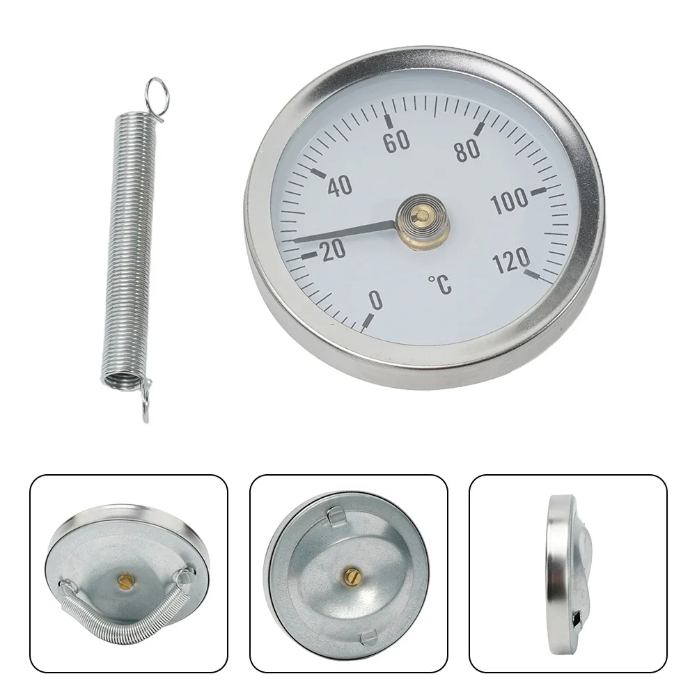 Bimetal Pipe Thermometers Stainless Steel 0-120℃ Analog Anlegethermometer Galvanized Steel Heating Pipe Measuring Round Spring