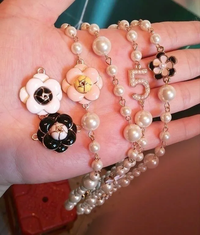 Pearls Beads Chain Necklace Big Camellia Flowers Long Necklaces Gift