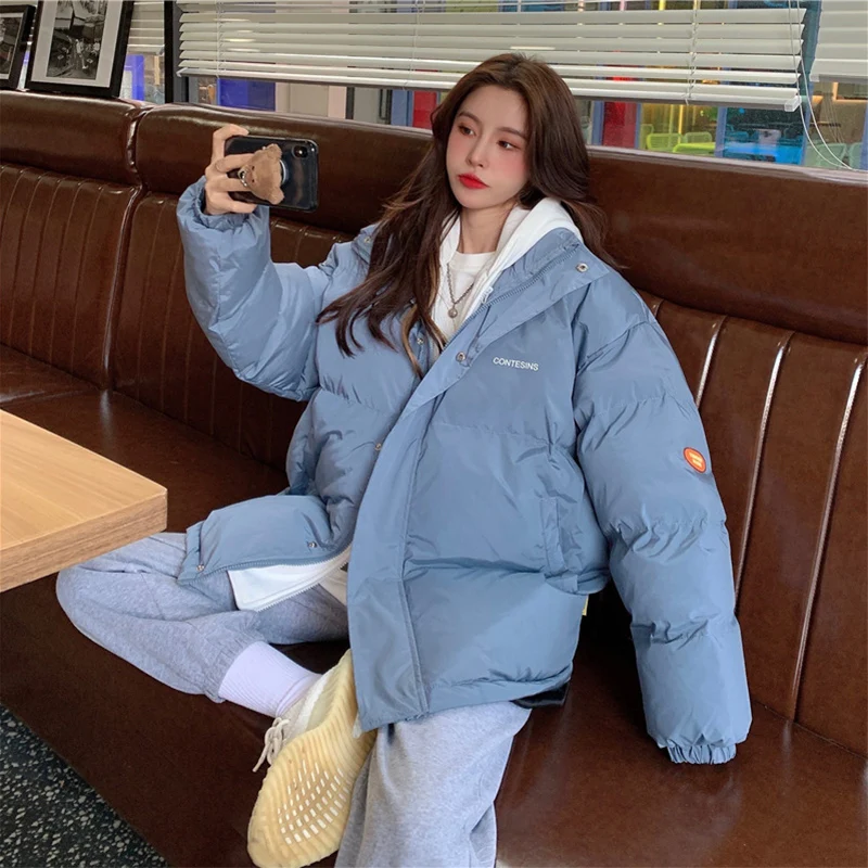 シックなフェイクツーピースデザインのパーカー、女性用パフパッチワークフード付きパーカージャケット、女性用冬用ポケット付きジッパーアップパッド入りジャケット、レディース